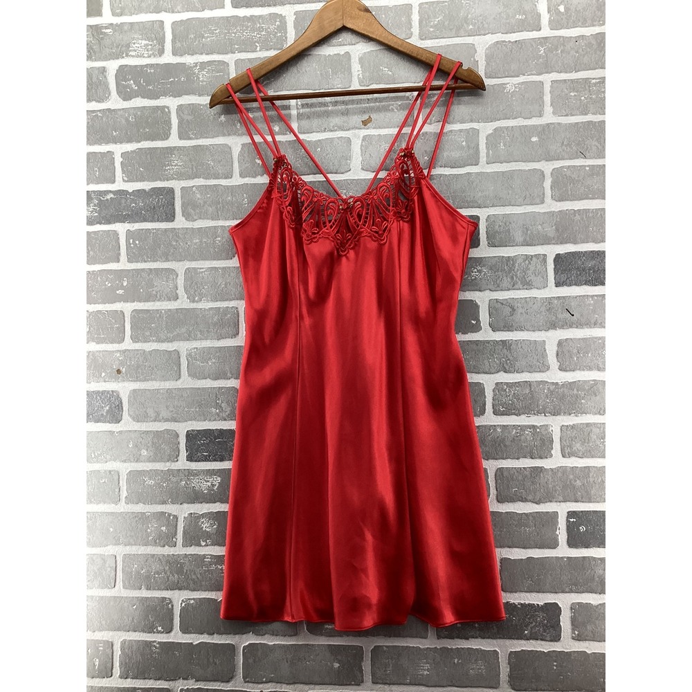 California Dynasty Red Satin Lace Trim Nightgown Chemise Large 00791M
